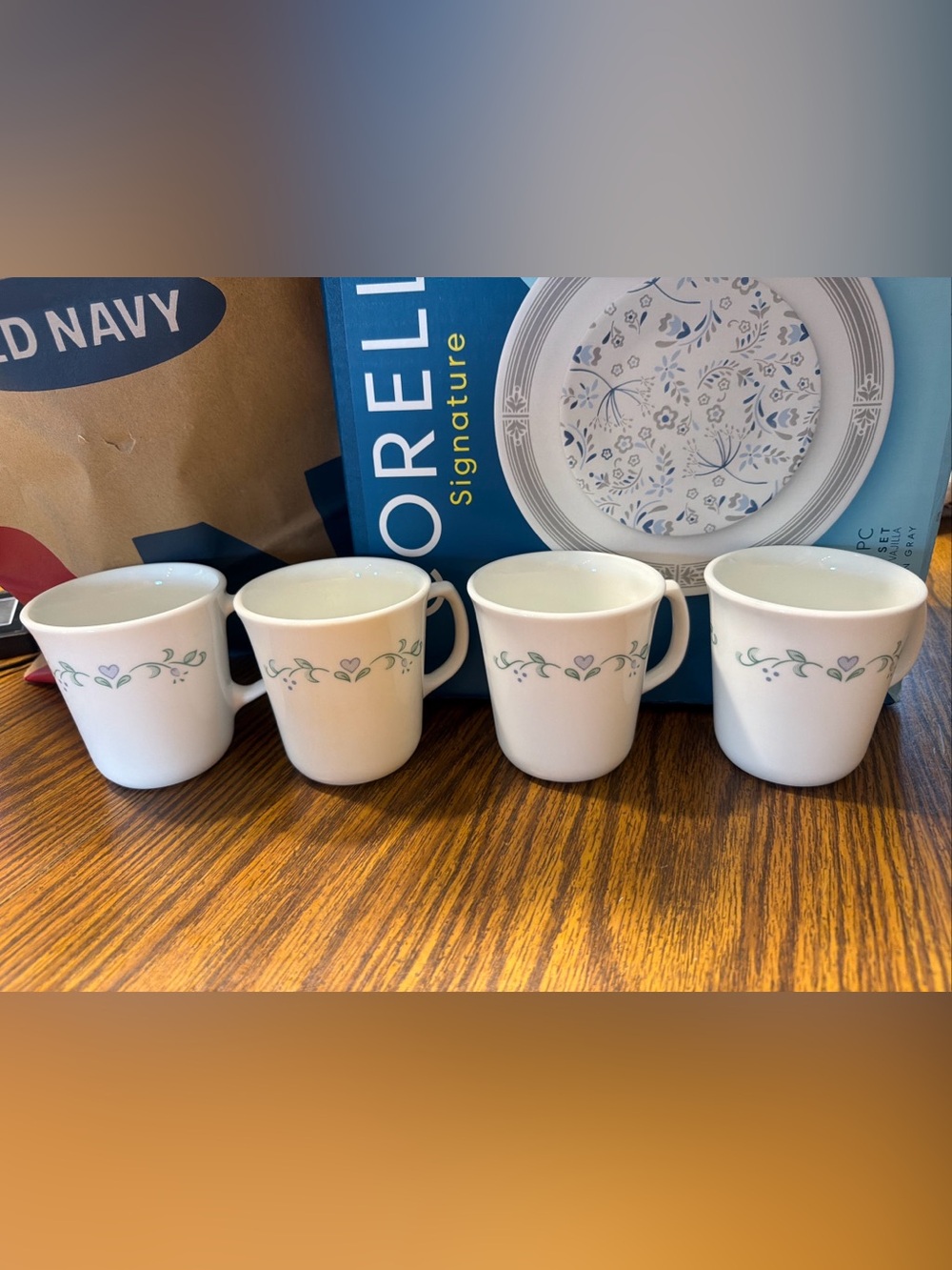 Corelle White Mugs with Green and Purple Floral Motif - Set of 4